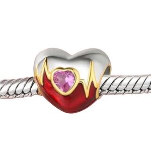 S925 Heartbeat EKG Heart Bead Charm Pandora Style red silver